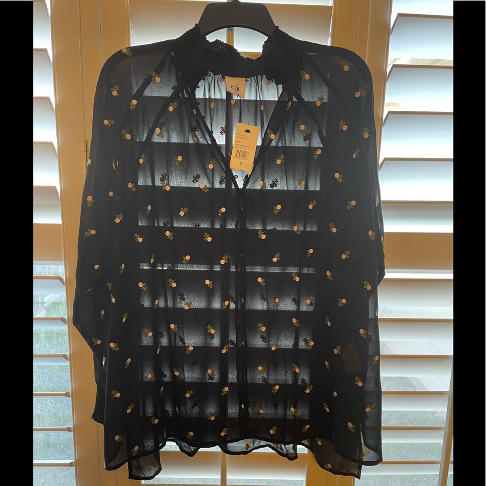 CAbi Blouse Black size M Sheer, long sleeves NEW white embroidered flowers